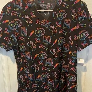 Cherokee Modern Classic Black Scrub Top with Colorful Medical Designs